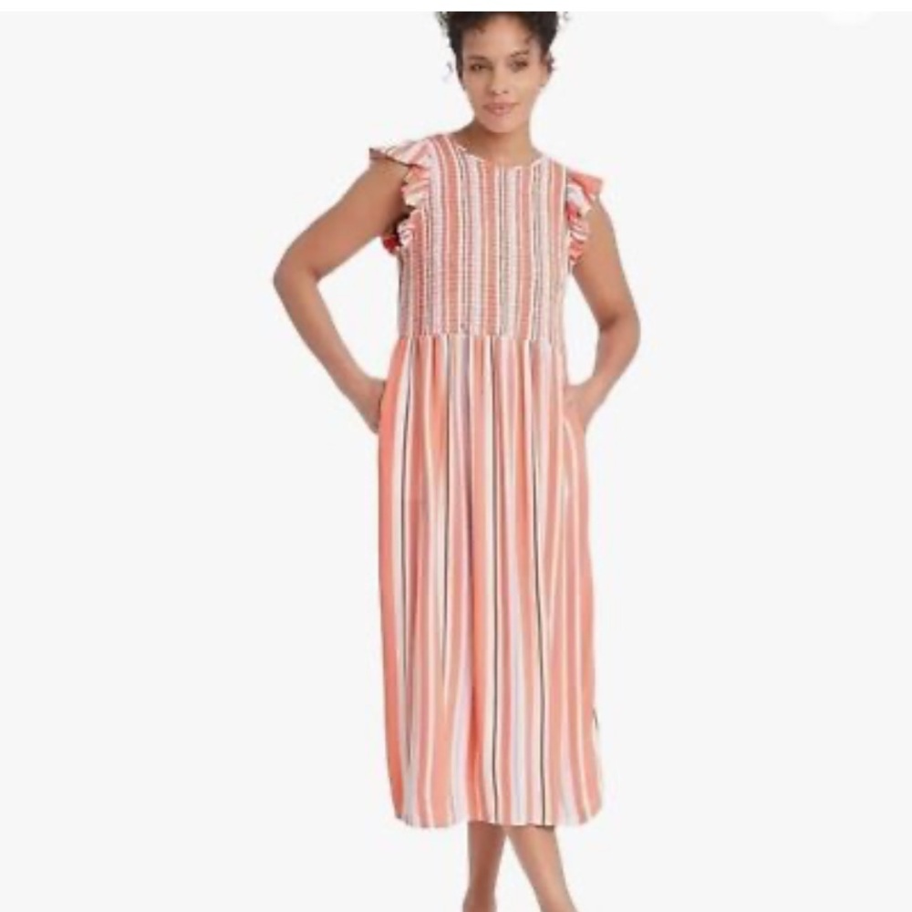 A NEW DAY White & Orange Striped Smocked Boho Dress XS